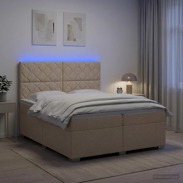 Pat boxspring cu saltea cu benzi LED Crem 200 x 200 cm Țesătură WALTI