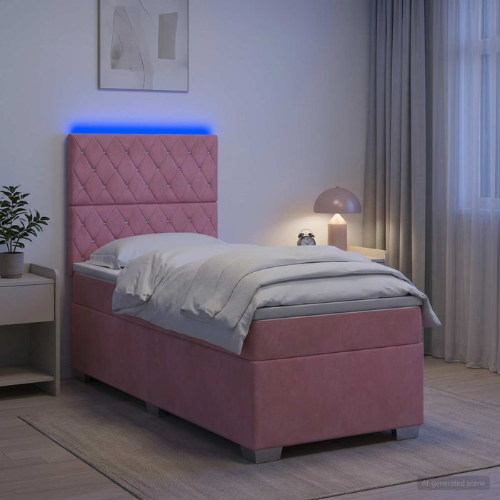 Pat boxspring cu saltea cu benzi LED Roz 90 x 190 cm Catifea WALTI