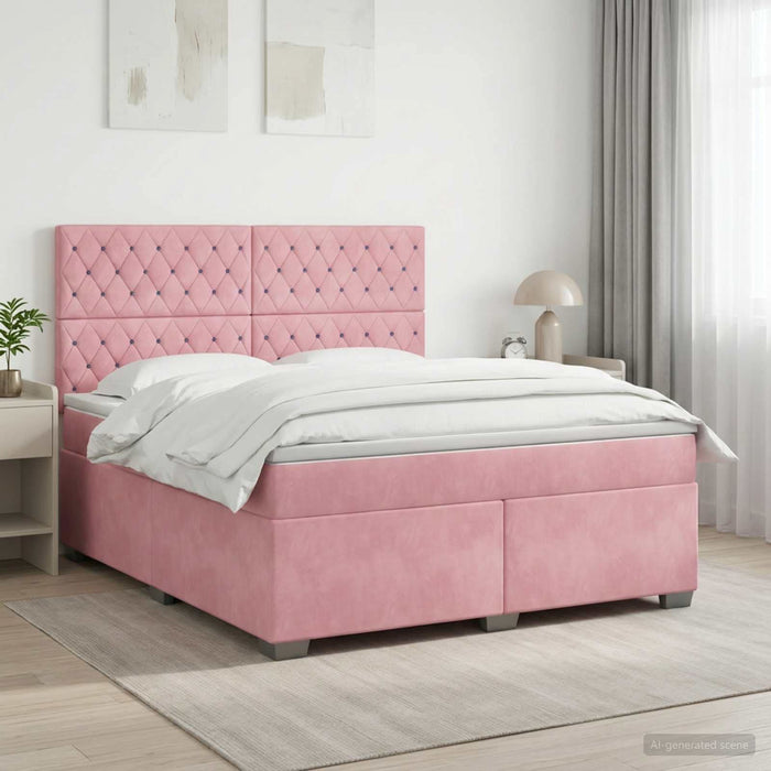 Pat boxspring cu saltea cu benzi LED Roz 140 x 200 cm Catifea WALTI