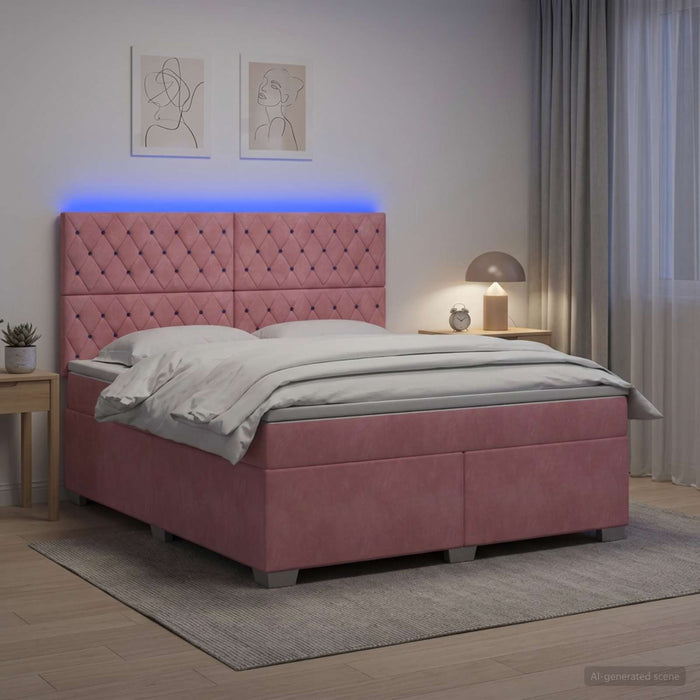 Pat boxspring cu saltea cu benzi LED Roz 160 x 200 cm Catifea WALTI