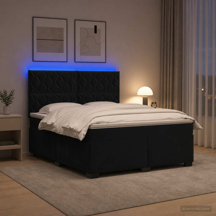 Pat boxspring cu saltea cu benzi LED Negru 140 x 190 cm Catifea WALTI
