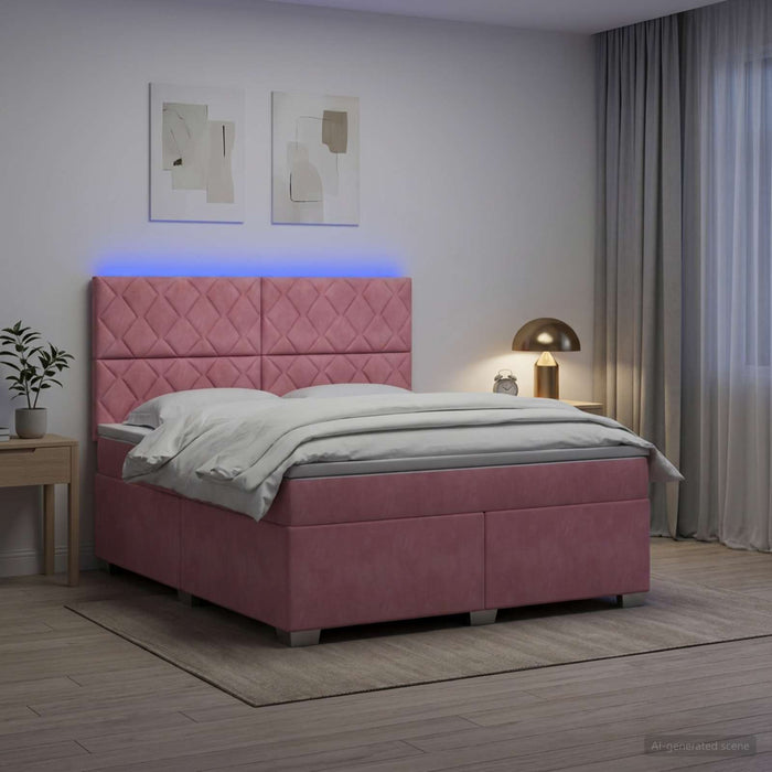 Pat boxspring cu saltea cu benzi LED Roz 160 x 200 cm Catifea WALTI