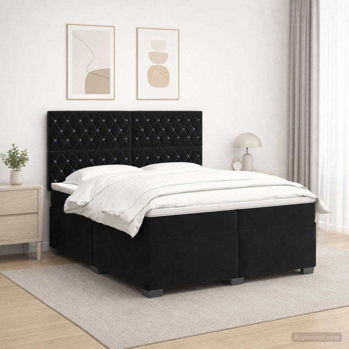 Pat boxspring cu saltea cu benzi LED Negru 200 x 200 cm Catifea WALTI