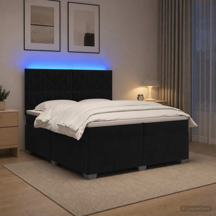Pat boxspring cu saltea cu benzi LED Negru 200 x 200 cm Catifea WALTI