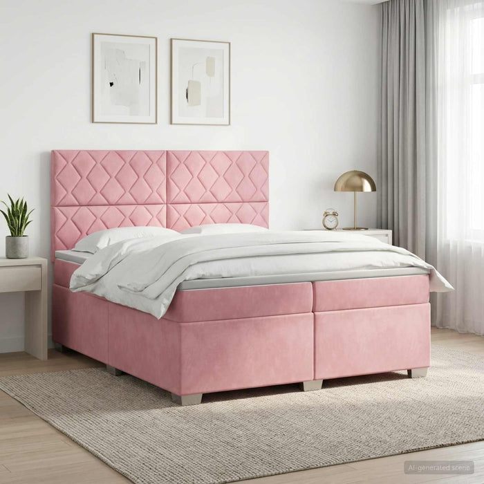 Pat boxspring cu saltea cu benzi LED Roz 200 x 200 cm Catifea WALTI