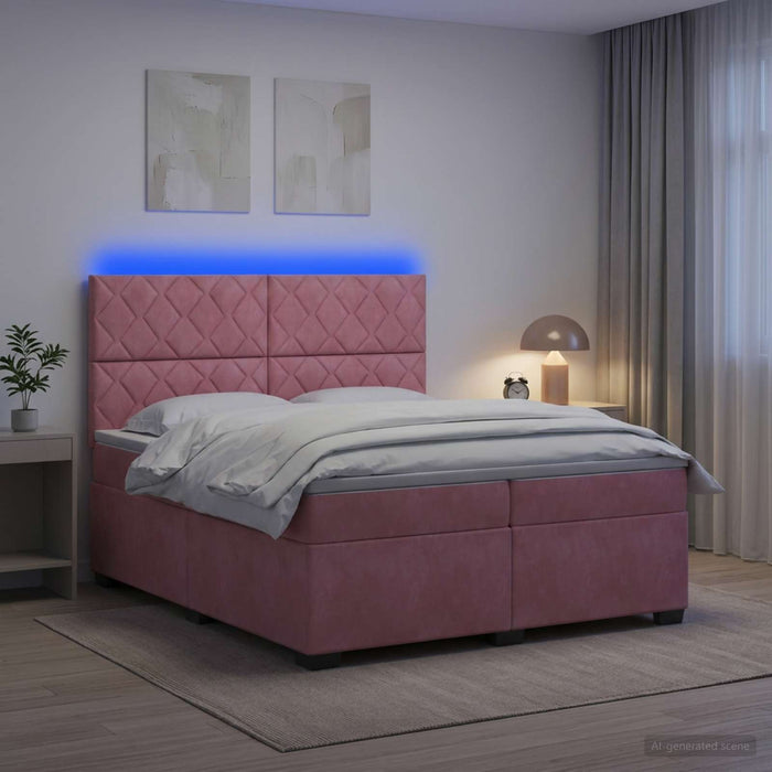 Pat boxspring cu saltea cu benzi LED Roz 200 x 200 cm Catifea WALTI