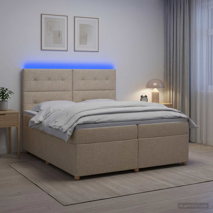 Pat boxspring cu saltea cu benzi LED Crem 200 x 200 cm Țesătură - WALTI WALTI