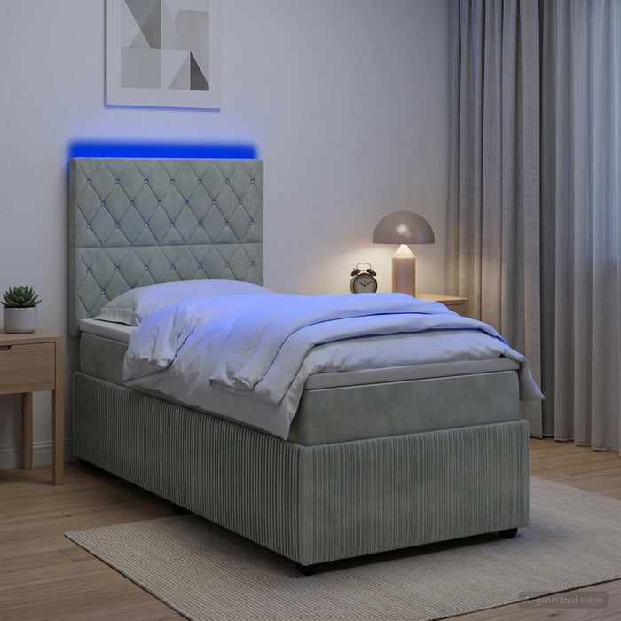 Pat cu arcuri LED și saltea Gri deschis 100 x 200 cm Catifea WALTI