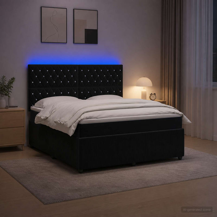 Pat cu arcuri LED și saltea Negru 160 x 200 cm Catifea WALTI