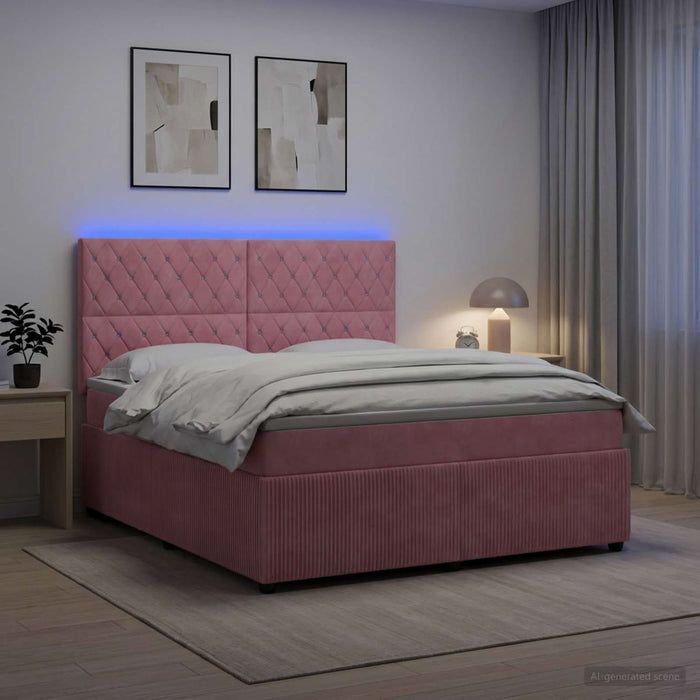 Pat cu arcuri LED și saltea Roz 140 x 190 cm Catifea WALTI