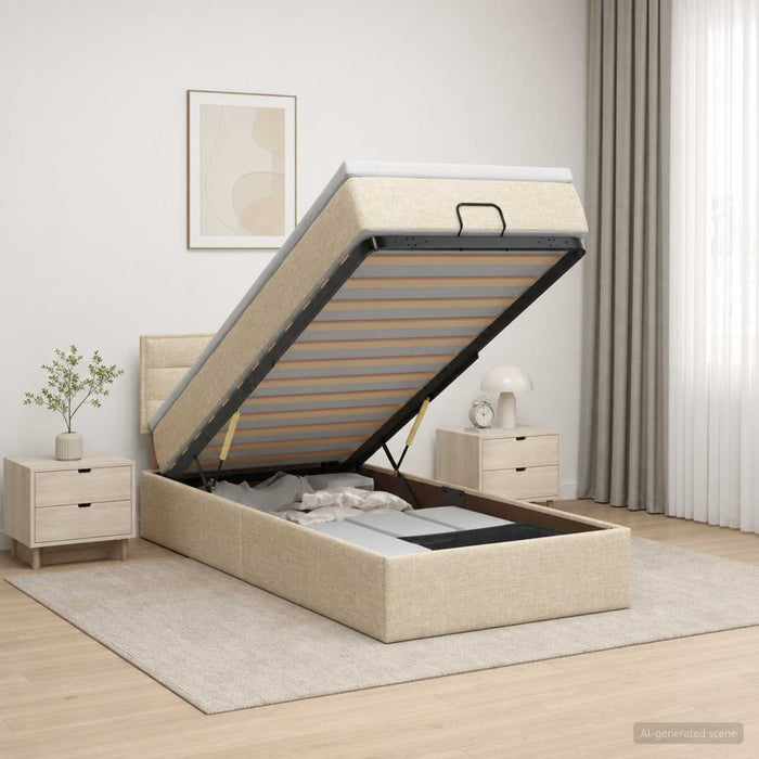 Pat ottoman cu saltea cu headboard Crem 90 x 190 cm Țesătură WALTI