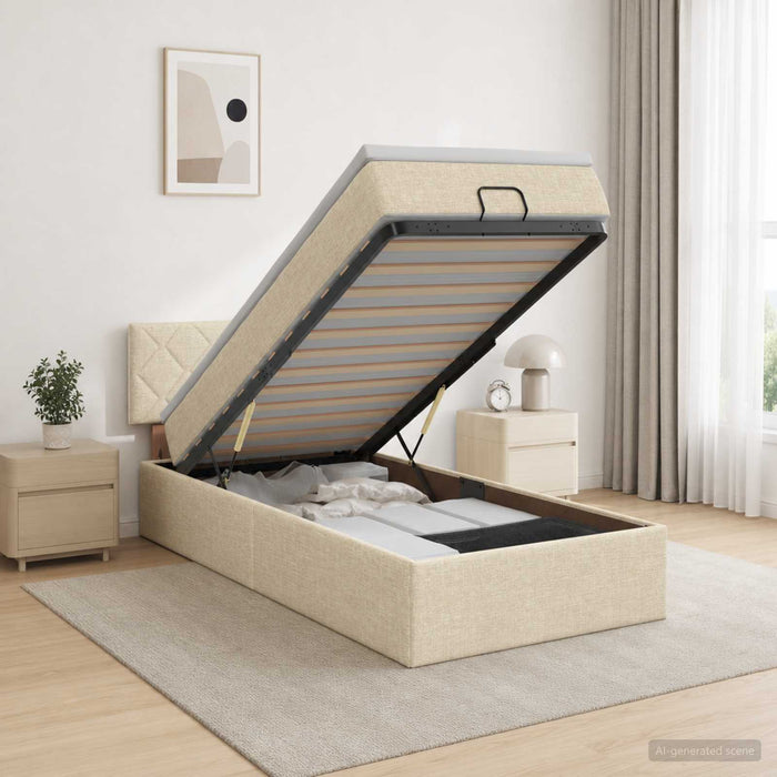 Pat ottoman cu saltea cu headboard Crem 100 x 200 cm Țesătură WALTI