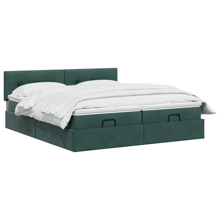 Pat ottoman cu saltea cu headboard 2 buc. Verde închis Catifea WALTI