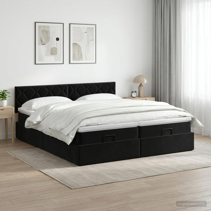 Pat ottoman cu saltea cu headboard 2 buc. Negru Catifea WALTI