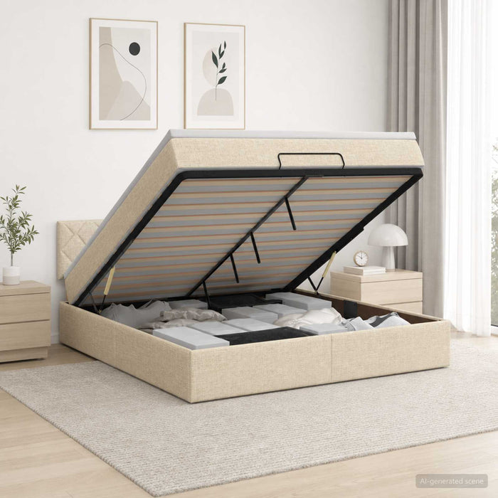 Pat ottoman cu saltea cu headboard Crem 180 x 200 cm Țesătură WALTI