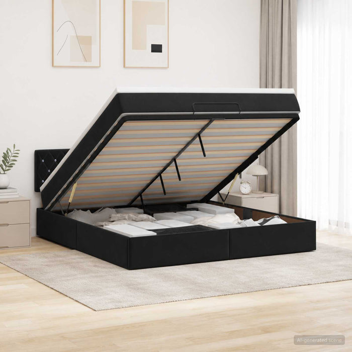 Pat ottoman cu saltea cu headboard Negru 140 x 200 cm Catifea WALTI