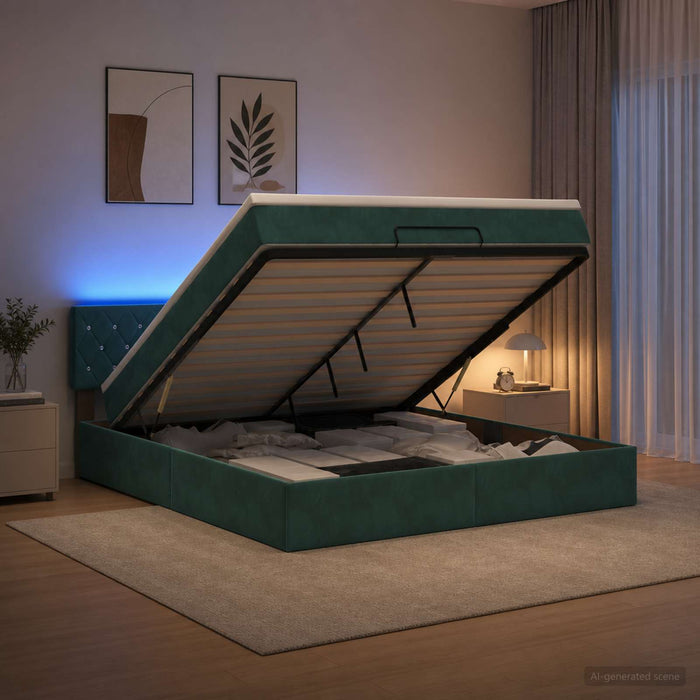 Pat Ottoman cu Saltea și LED Verde închis 180 x 200 cm Catifea WALTI