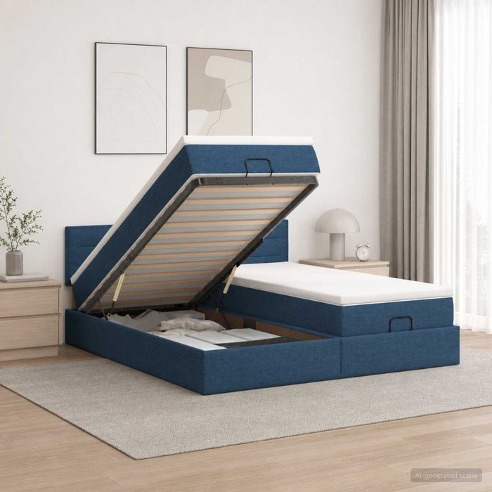 Pat ottoman cu saltea cu headboard 2 pcs albastru Țesătură WALTI