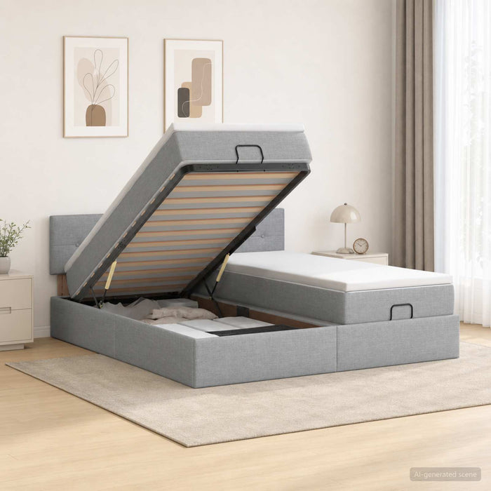 Pat ottoman cu saltea cu headboard 2 buc. Gri deschis Țesătură WALTI