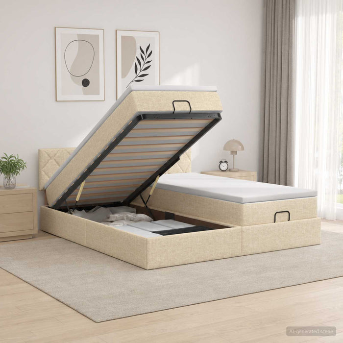 Pat ottoman cu saltea cu headboard 2 buc. Crem Țesătură WALTI