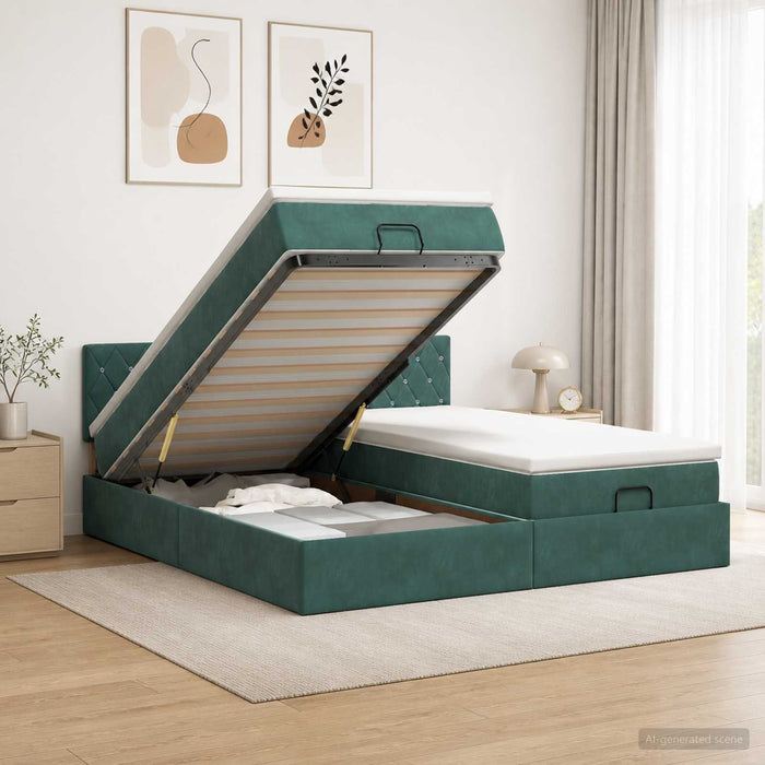Pat ottoman cu saltea cu headboard 2 pcs Verde închis Catifea WALTI
