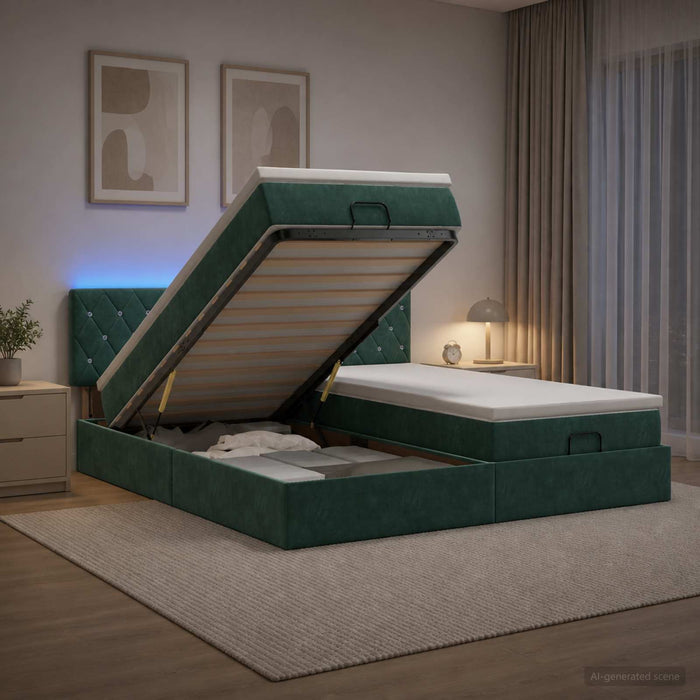 Pat Ottoman cu Saltea și LED Verde închis 160 x 200 cm Catifea WALTI
