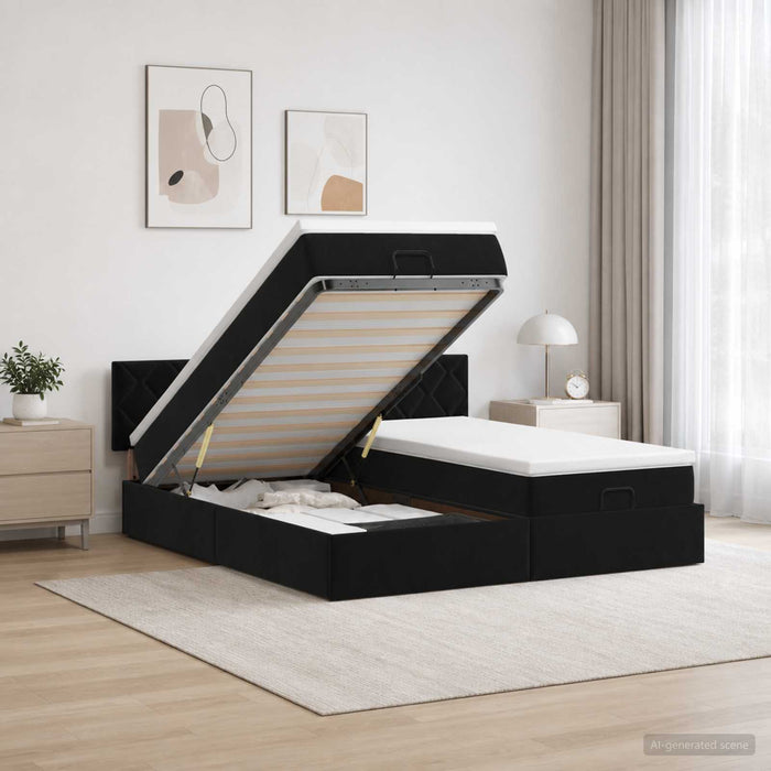 Pat ottoman cu saltea cu headboard 2 buc. Negru Catifea WALTI