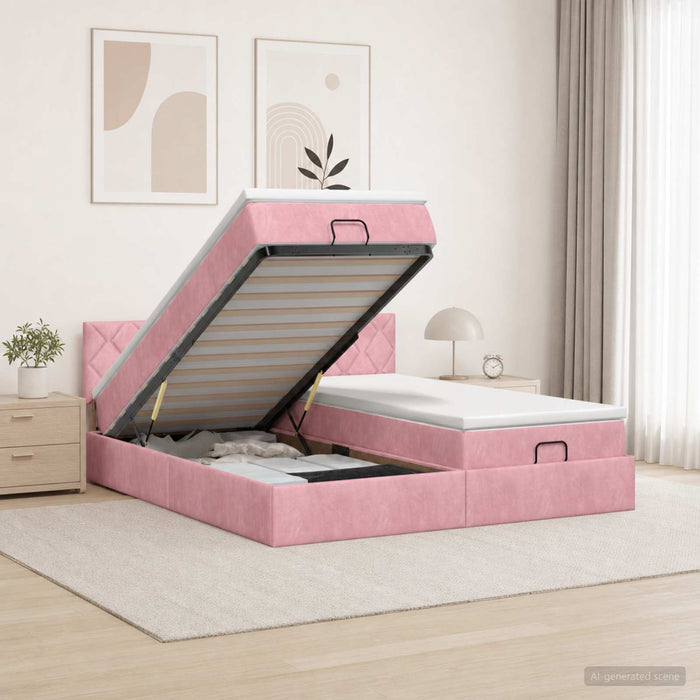 Pat ottoman cu saltea cu headboard 2 buc. Roz Catifea WALTI