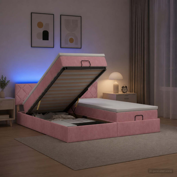 Pat cu LED și saltea Roz 200 x 200 cm Catifea WALTI