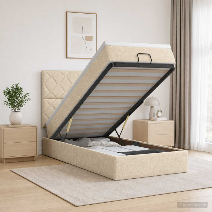 Pat ottoman cu saltea cu headboard Crem 90 x 190 cm Țesătură WALTI