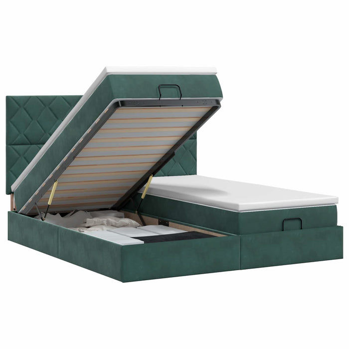 Pat ottoman cu saltea cu headboard 2 buc. Verde închis Catifea WALTI