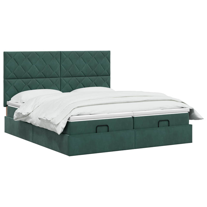 Pat ottoman cu saltea cu headboard 2 buc. Verde închis Catifea WALTI