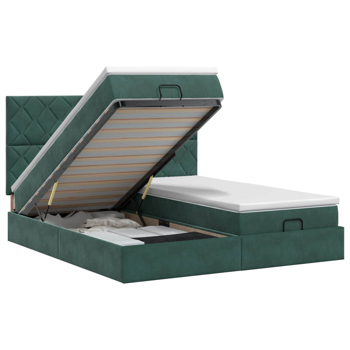 Pat ottoman cu saltea cu headboard 2 buc. Verde închis Catifea WALTI