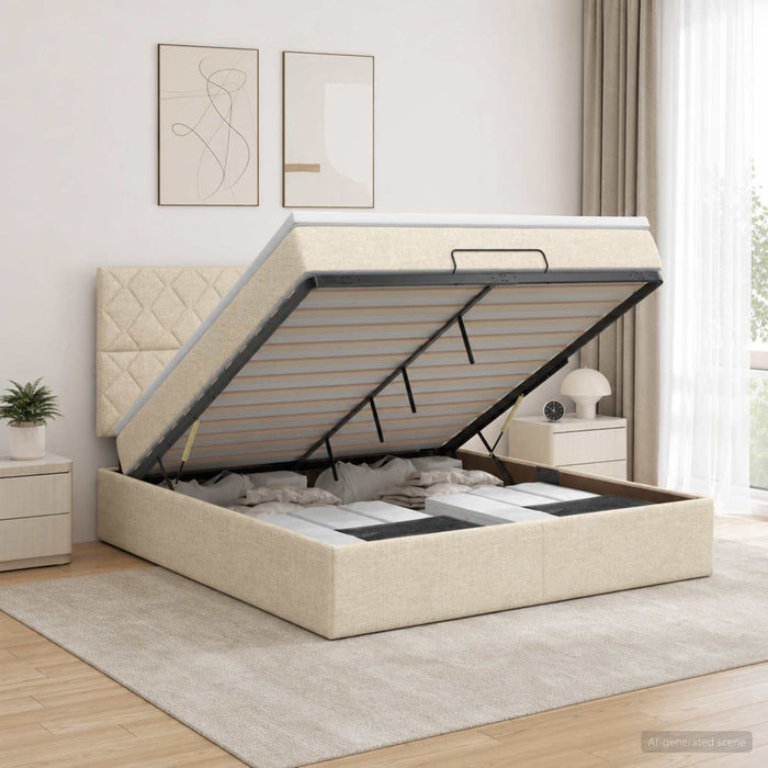 Pat ottoman cu saltea cu headboard Crem 160 x 200 cm Țesătură WALTI