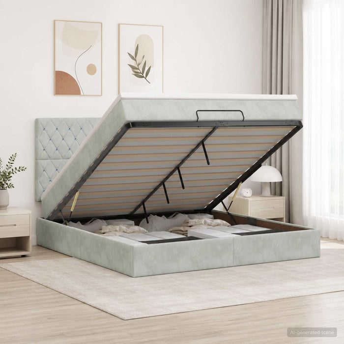 Pat ottoman cu saltea Gri deschis 160 x 200 cm Catifea WALTI