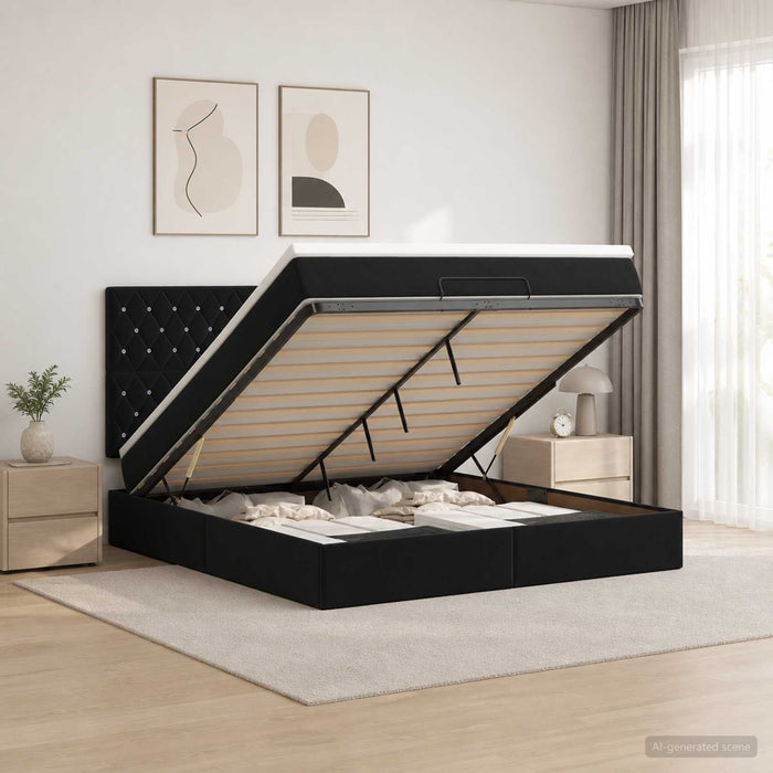 Pat ottoman cu saltea cu headboard Negru 140 x 190 cm Catifea WALTI