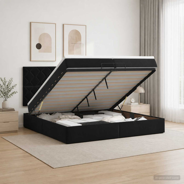 Pat ottoman cu saltea cu headboard Negru 200 x 200 cm Catifea WALTI