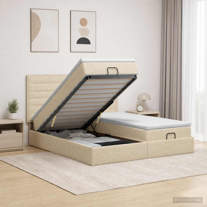 Pat ottoman cu saltea cu headboard 2 buc. Crem Țesătură WALTI