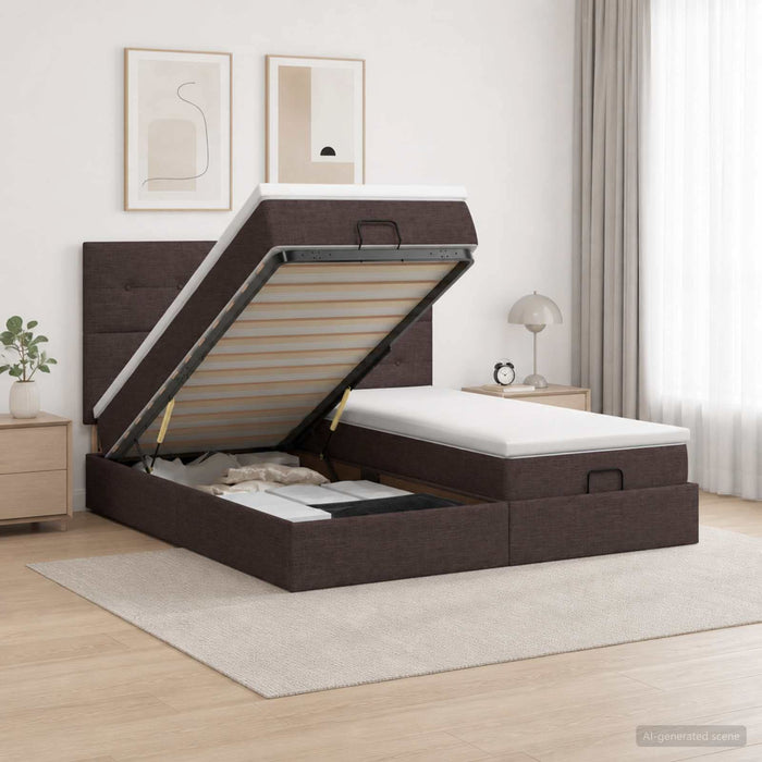 Pat ottoman cu saltea cu headboard 2 buc. Maro închis Țesătură WALTI