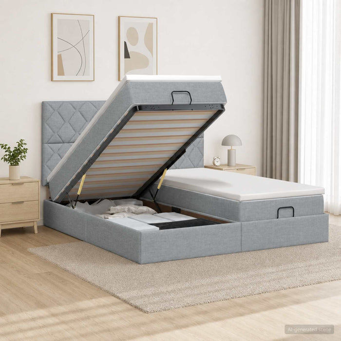 Pat ottoman cu saltea cu headboard 2 buc. Gri deschis Țesătură WALTI