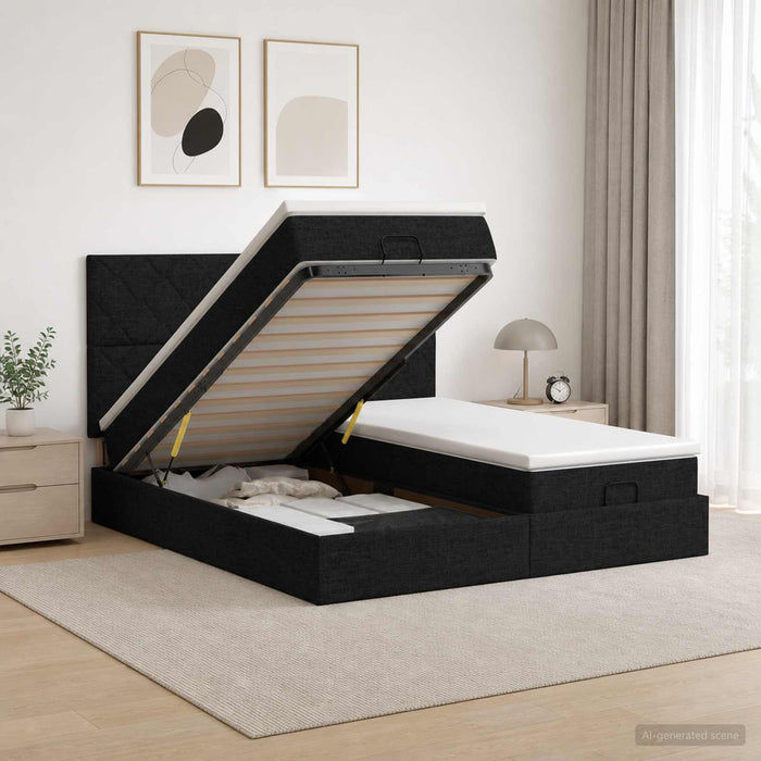 Pat ottoman cu saltea cu headboard 2 buc. Negru Țesătură WALTI