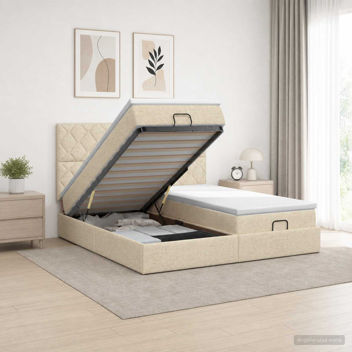 Pat ottoman cu saltea cu headboard 2 buc. Crem Țesătură WALTI