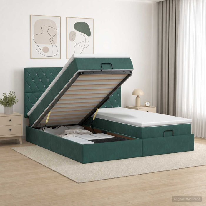 Pat ottoman cu saltea cu headboard 2 buc. Verde închis Catifea - WALTI WALTI