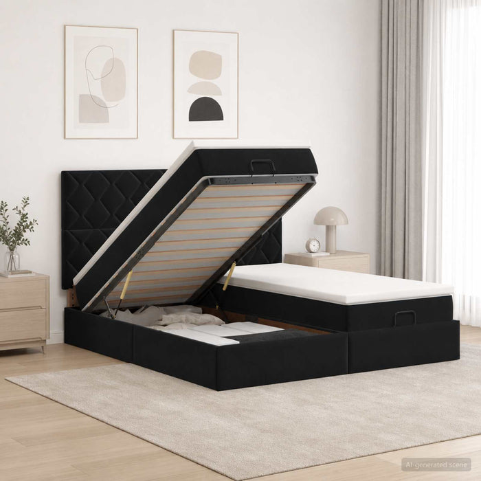 Pat ottoman cu saltea cu headboard 2 buc. Negru Catifea WALTI
