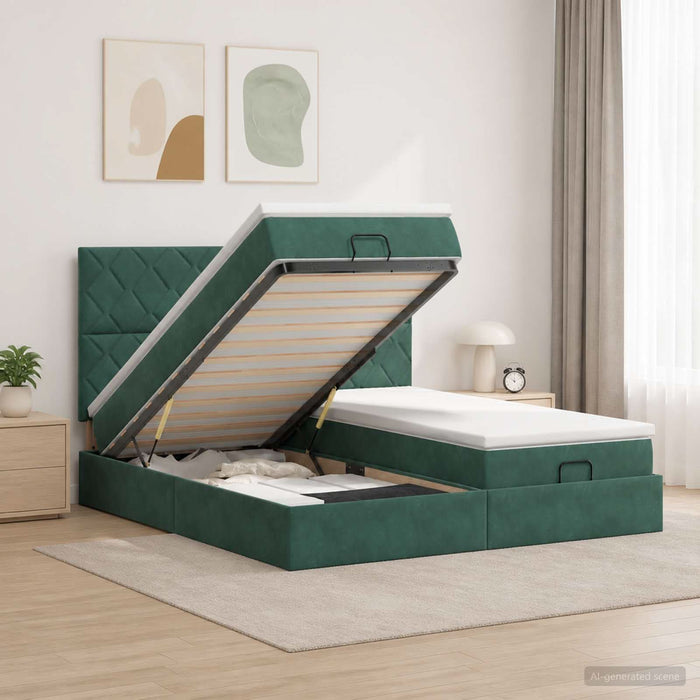 Pat ottoman cu saltea cu headboard 2 buc. Verde închis Catifea WALTI