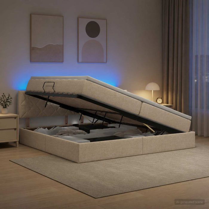 Pat cu LED și saltea Crem 200 x 200 cm Țesătură WALTI