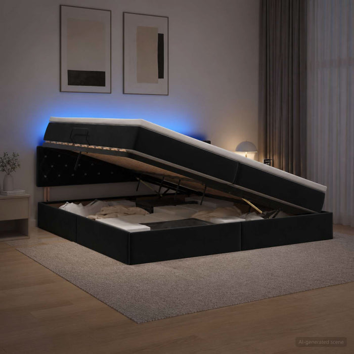 Pat cu LED și saltea Negru 200 x 200 cm Catifea WALTI