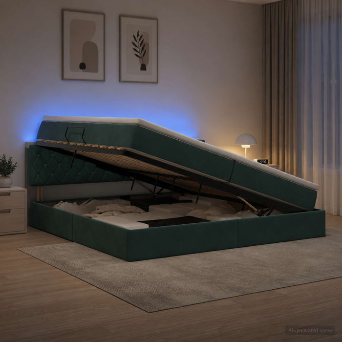 Pat cu LED și saltea Verde închis 200 x 200 cm Catifea WALTI