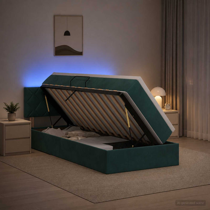 Pat cu LED și saltea Verde închis 100 x 200 cm Catifea WALTI