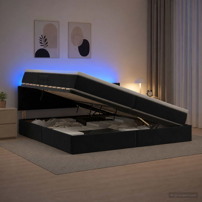 Pat cu LED și saltea Negru 200 x 200 cm Catifea WALTI